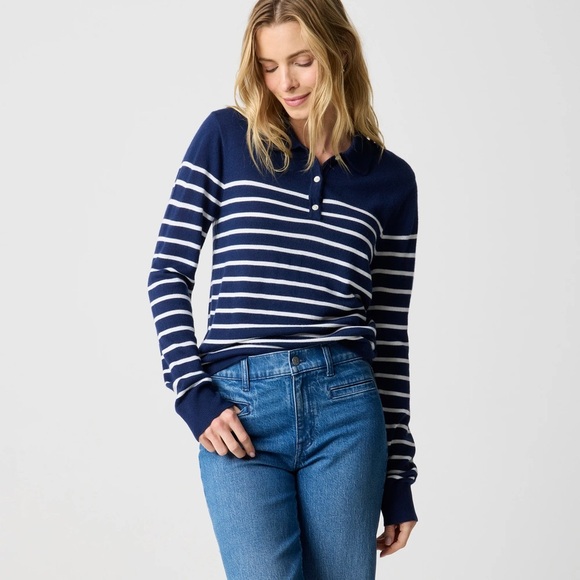 J CREW Striped Merino Wool Blend Collared Fine Knit Sweater SMALL Navy Blue NWT - Picture 5 of 8